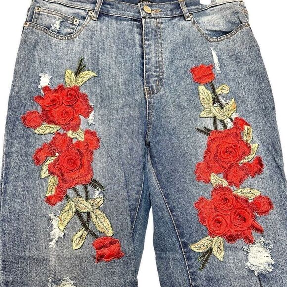 Fashion Nova Floral Embroidered High Rise Straight Jeans Blue Red Large - Picture 4 of 7